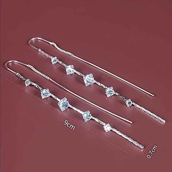 SILVER RHINESTONE THREADER EARRINGS - Picture 3 of 4